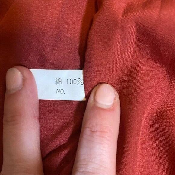 Quilted Womens Blanket Jacket Coat Wood Buttons Red Multicolor Vneck Collarless - Picture 11 of 11